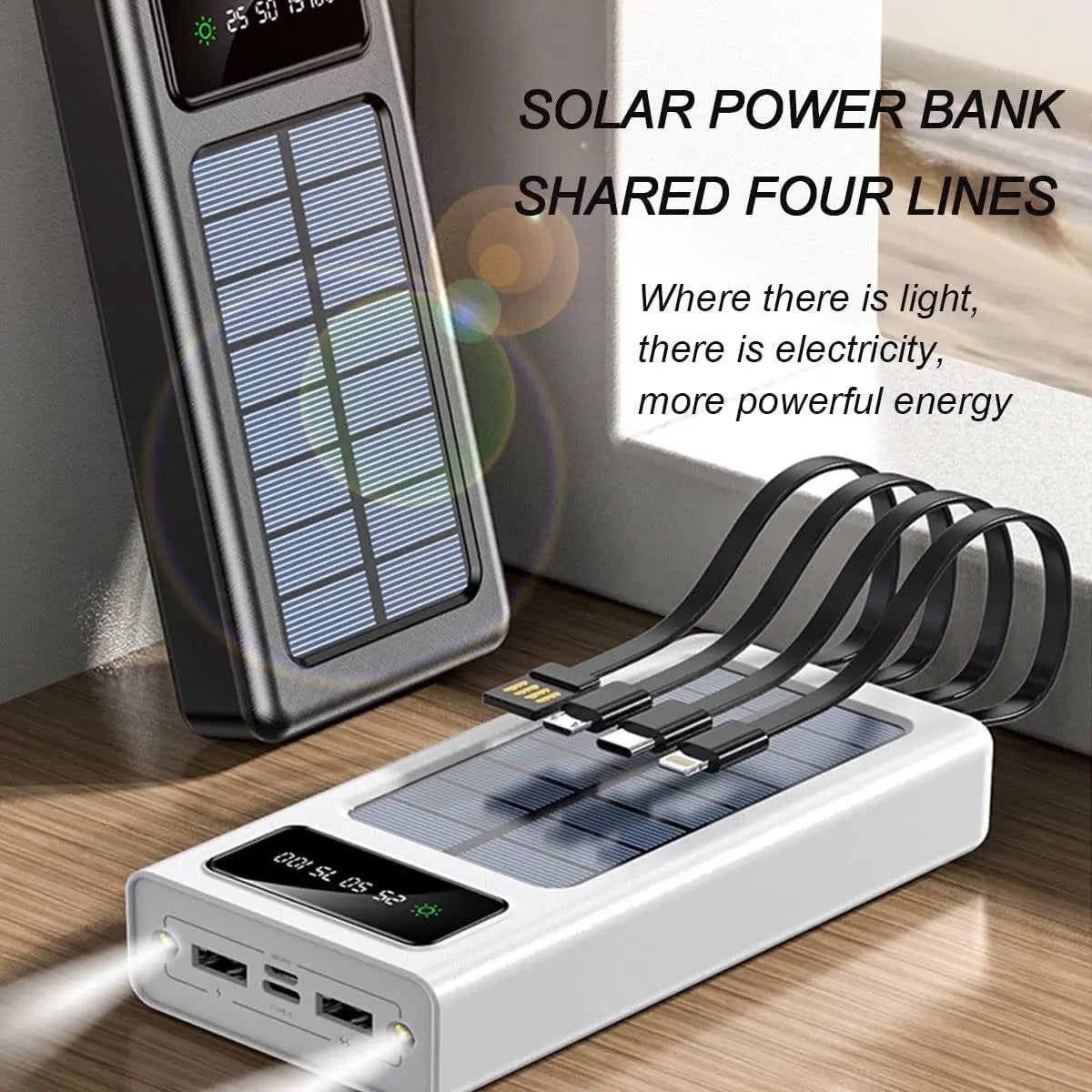 Powerbank Solar 12000/20000mAh con 5 Salidas, Linterna y Cables Integrados — Compatible con Todo Smartphone