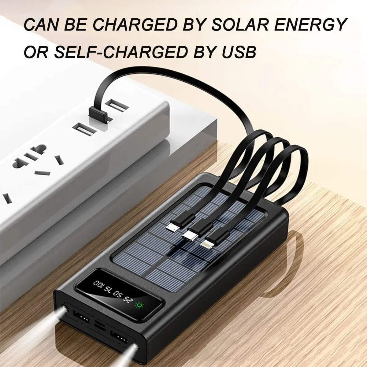 Powerbank Solar 12000/20000mAh con 5 Salidas, Linterna y Cables Integrados — Compatible con Todo Smartphone