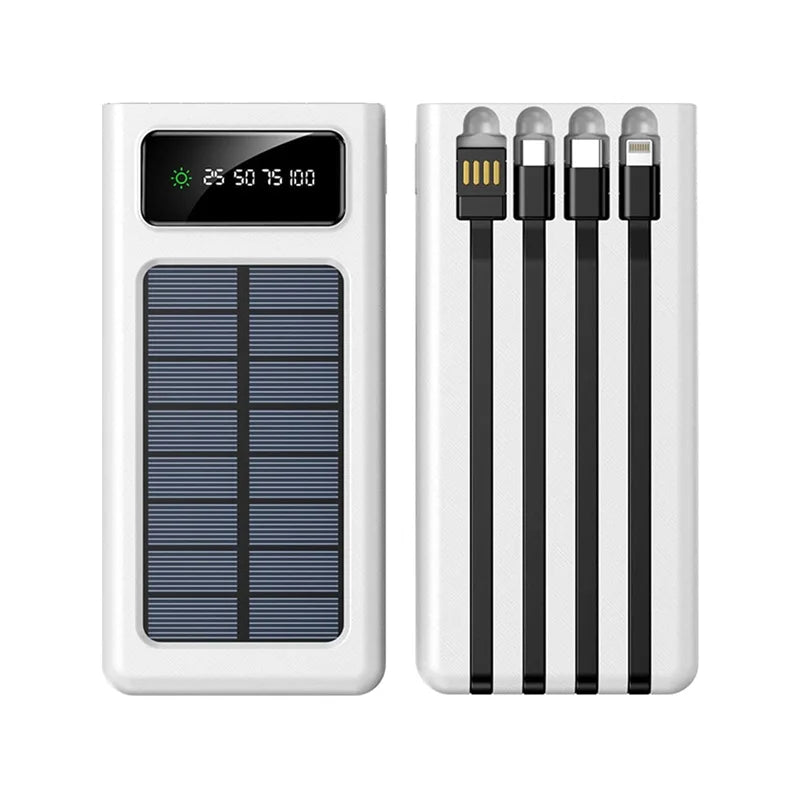 Powerbank Solar 12000/20000mAh con 5 Salidas, Linterna y Cables Integrados — Compatible con Todo Smartphone