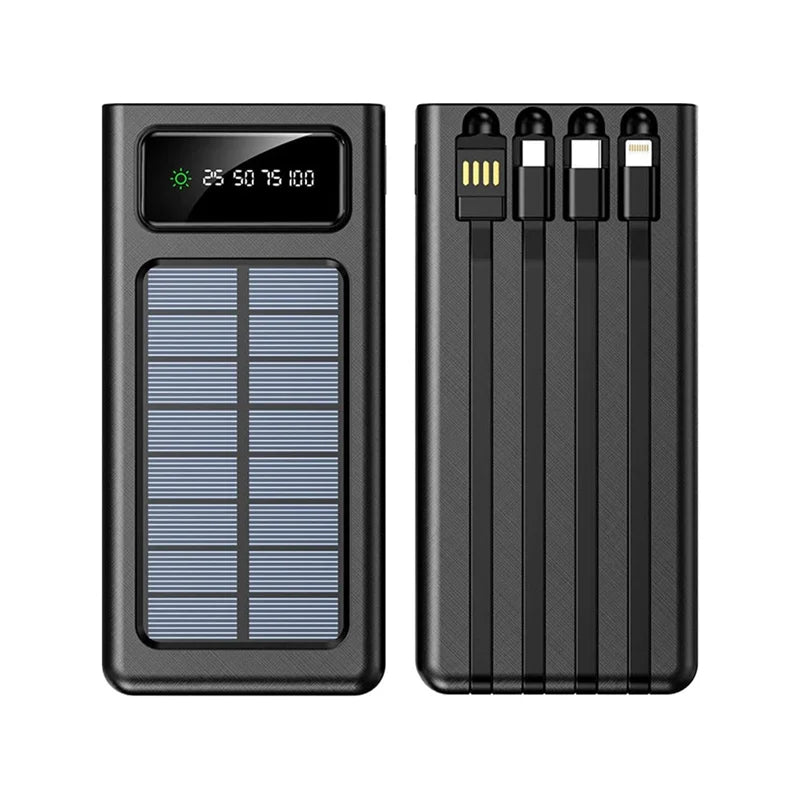 Powerbank Solar 12000/20000mAh con 5 Salidas, Linterna y Cables Integrados — Compatible con Todo Smartphone