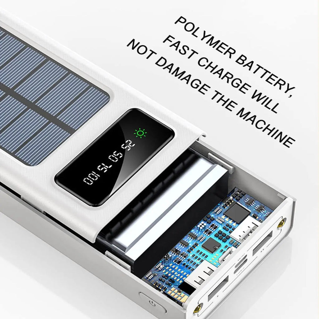 Powerbank Solar 12000/20000mAh con 5 Salidas, Linterna y Cables Integrados — Compatible con Todo Smartphone