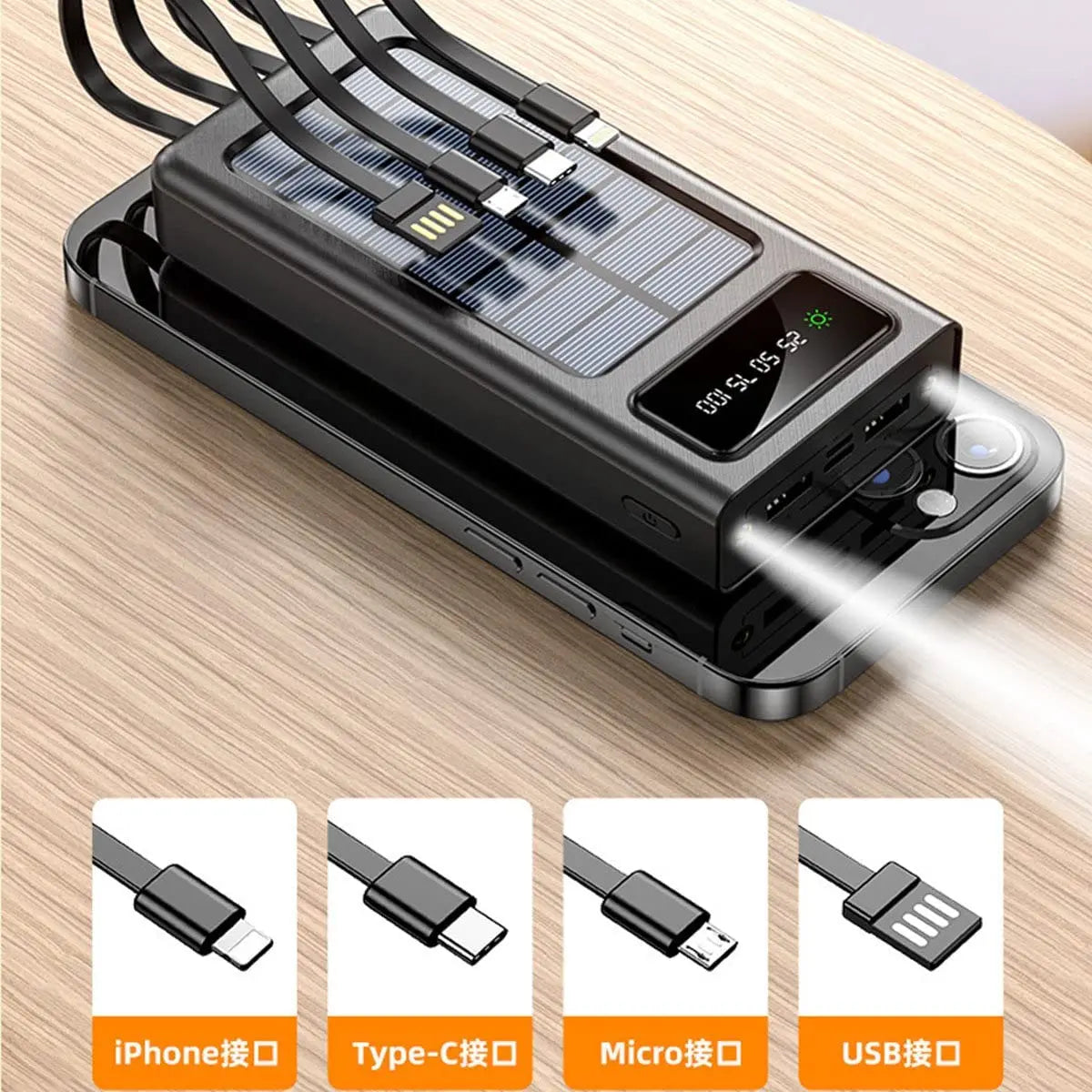 Powerbank Solar 12000/20000mAh con 5 Salidas, Linterna y Cables Integrados — Compatible con Todo Smartphone