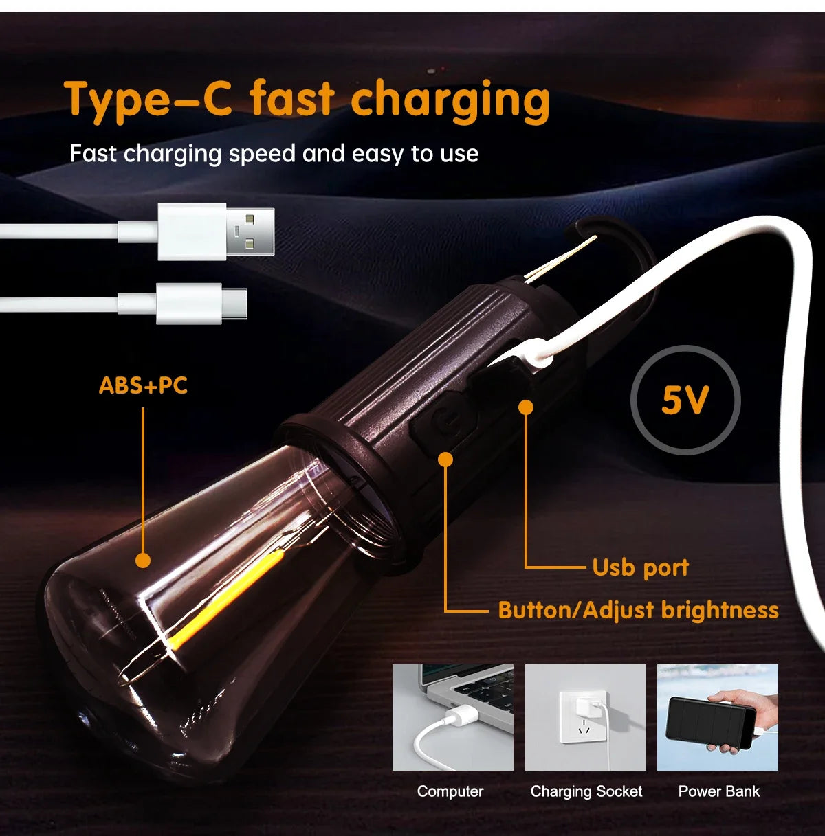 Linterna LED de Camping Recargable USB-C 100LM — 3 Modos y Resistente al Agua con Gancho