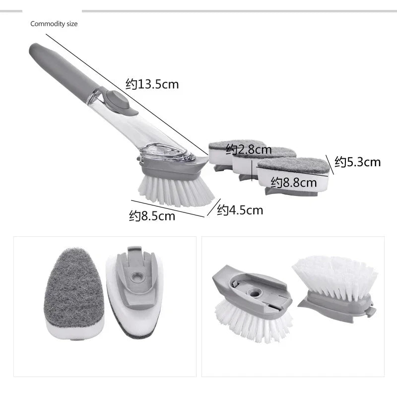 Cepillo de Cocina 2 en 1 con Dispensador de Jabón y Esponja Extraíble — Mango Largo Ergonómico