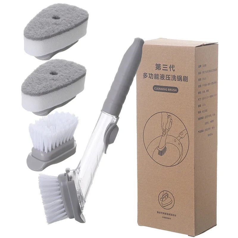 Cepillo de Cocina 2 en 1 con Dispensador de Jabón y Esponja Extraíble — Mango Largo Ergonómico