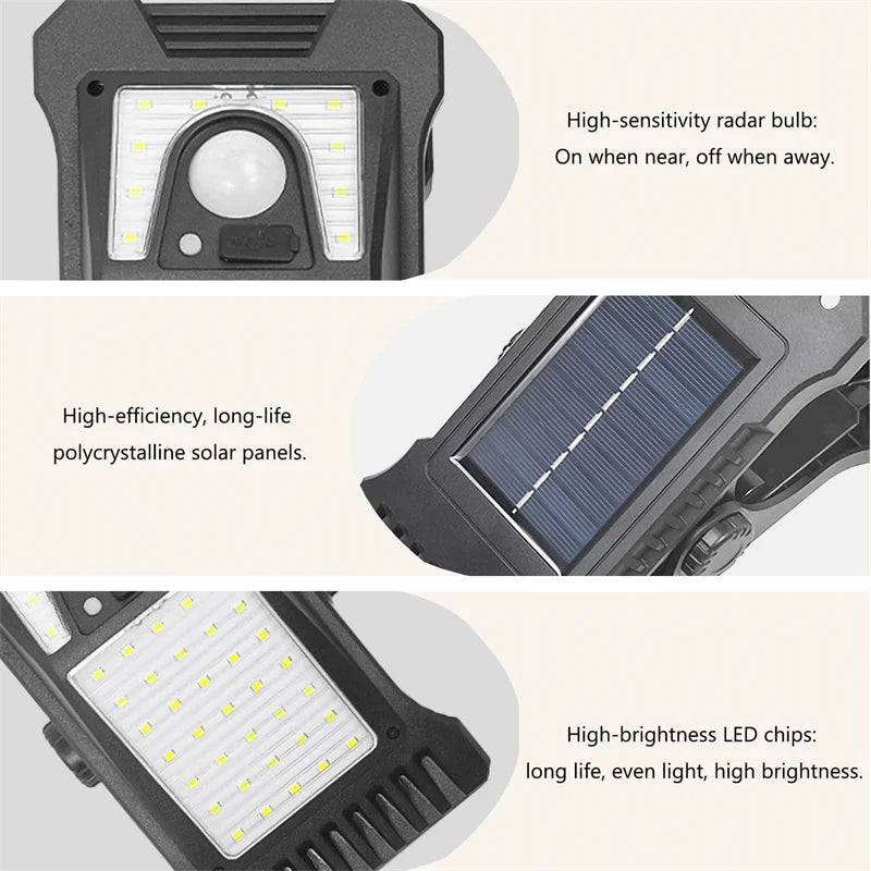 Luces Solares Exterior con Sensor de Movimiento — 3 Modos y 3 Formas de Instalación para Valla y Jardín