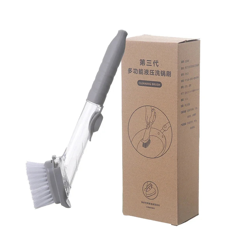 Cepillo de Cocina 2 en 1 con Dispensador de Jabón y Esponja Extraíble — Mango Largo Ergonómico